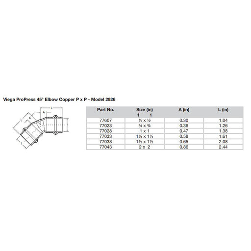 Viega ProPress 1/2" - 45 Copper Elbow - Double Press Connection - Smart Connect Technology