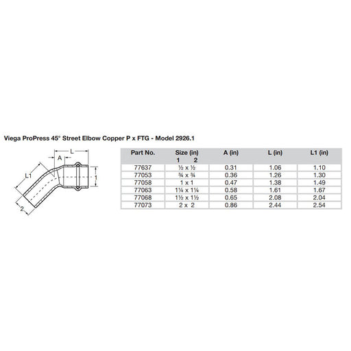 Viega ProPress 1-1/2" - 45 Copper Elbow - Street/Press Connection - Smart Connect Technology