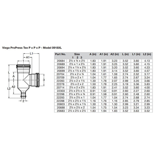 Viega ProPress 2-1/2" Copper Tee - Triple Press Connection - Smart Connect Technology