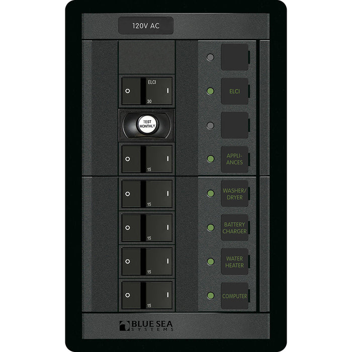 Blue Sea 1503 - 360 Panel - ELCI + 5 Position 120V AC Flat Rocker