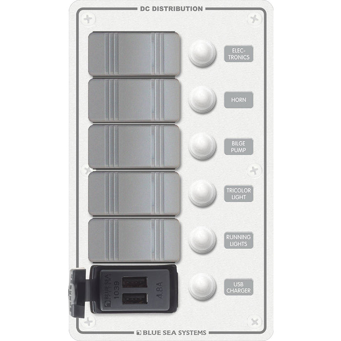Blue Sea 8421 - 5 Position Contura Switch Panel w/Dual USB Chargers - 12/24V DC - White